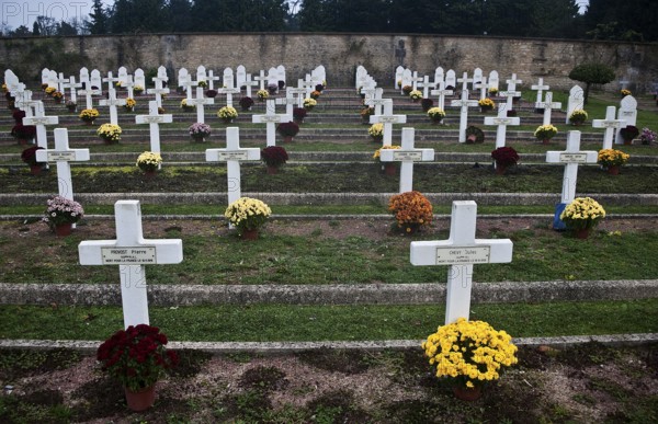 Military cemetery at the time of the Day of the dead. Tombs of french soldiers who died during the WWI, France, Europe