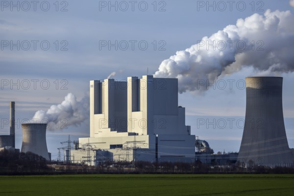 Grevenbroich, North Rhine-Westphalia, Germany, RWE Power AG Neurath power plant, lignite-fired power plant at RWE's Garzweiler opencast lignite mine, here in the foreground the new power plant units F and G, Europe