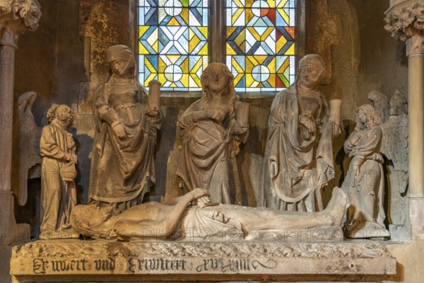 Holy Sepulchre made of stone in the interior of the Church of the Holy Cross Invention-de-la-Sainte-Croix in Kaysersberg, Alsace, France, Europe