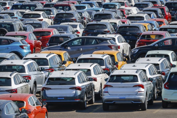 Duisburg, North Rhine-Westphalia, Germany - New cars, transhipment centre, car terminal in Duisburg harbour