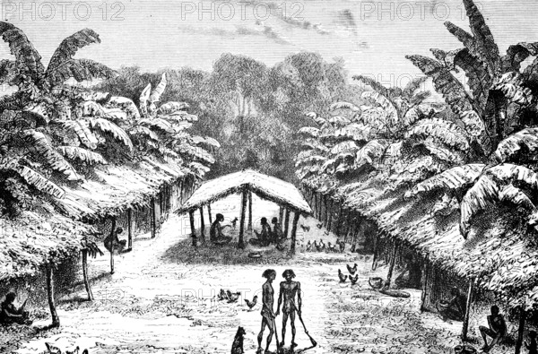 Native village on the Gabon River, open huts, people sitting in the shade, tropical climate, palm trees, colonial era, historical illustration 1886