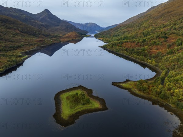 Fjord, coast, mountain landscape, reflection, island, autumn, aerial view, Loch Leven, Scotland, Great Britain
