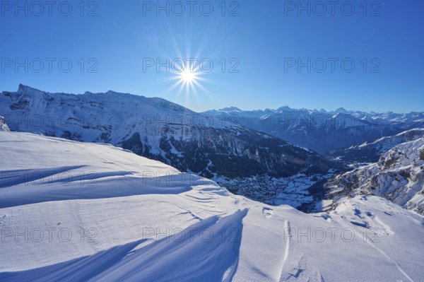 Snowy mountain landscape under a clear blue sky with bright sunshine, Gemmi Pass, Leukerbad, Leuk, Valais, Switzerland, Europe