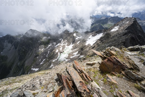 Cloudy mountain landscape at the summit of Lasörling, view to Berger Kees and mountain peak Schober, Lasörling Group, Hohe Tauern National Park, East Tyrol, Tyrol, Austria, Europe