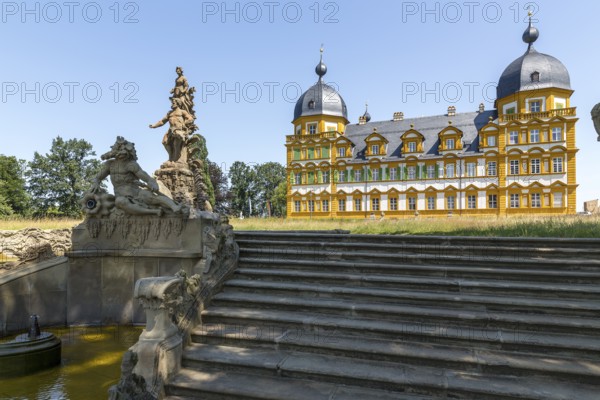 Park side of the castle and staircase at the cascade with Hercules group by Ferdinand Tietz, castle park of Seehof Castle, Memmelsdorf, near Bamberg, Bavaria, Germany, Europe