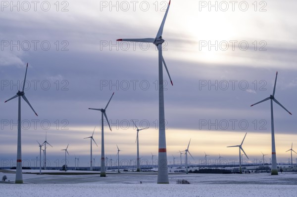 Wind farm, north of Lichtenau, self-proclaimed energy town, over 190 wind turbines and over 1200 solar panels generate 10 times as much electricity as the community of 11, 900 inhabitants consumes, largest onshore cluster of wind turbines in Germany, winter, slightly snow-covered landscape, North Rhine-Westphalia, Germany, Europe