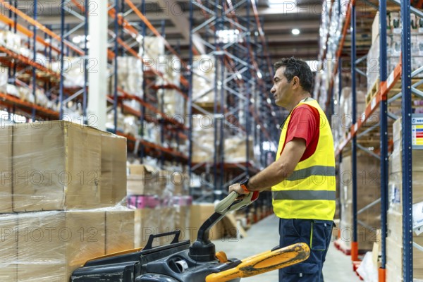 Side view of a mature man working in full warehouse moving boxes with low lift forklift