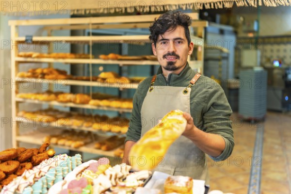 Latin young friendly baker offering freshly baked baguette in an artisan bakery shop