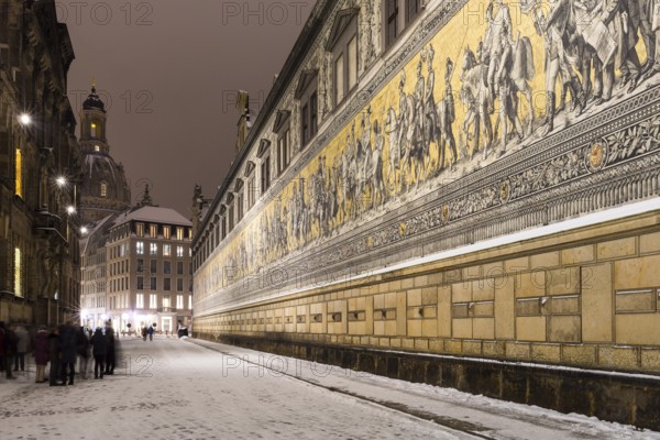 Augustusstraße with procession of princes, in the background the Frauenkirche, snow, night shot, Dresden, Saxony, Germany, Europe