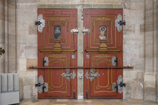 The rectory portal in the late Gothic hall church of St George, Dinkelsbühl, Bavaria, Germany, Europe