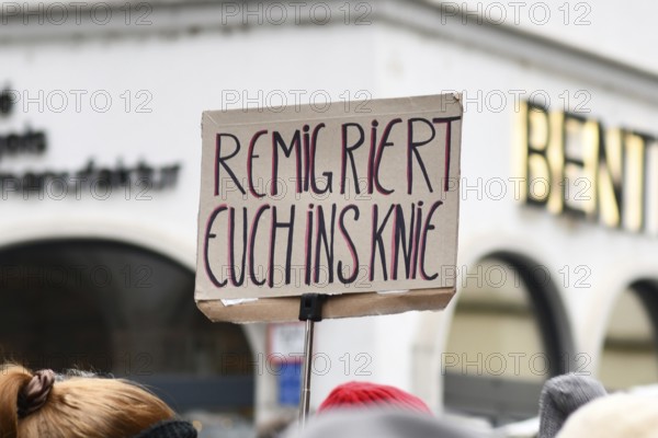 Heidelberg, Germany - February 12th 2025: Protest sign against 'remigration at protest against far-right