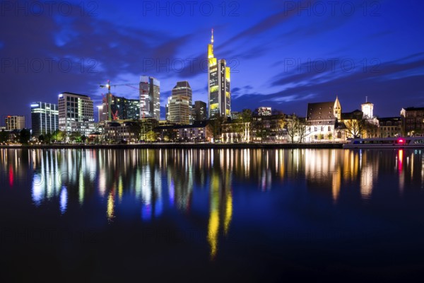 Skyline and banking district after sunset, Daemmerung, Tower 185, Commerzbank, HelaBa, Hessische Landesbank, Frankfurt am Main, Hesse, Germany, Europe
