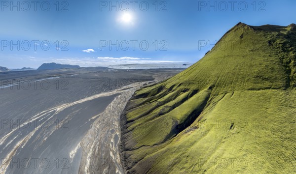 Aerial view, Mælifell mountain covered with moss, Maelifell, black sand desert Mælifellssandur, glacial streams, glacier Myrdalsjökull, Icelandic highlands, Iceland, Europe