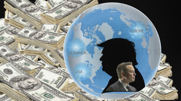 Symbolic image, Trump and Musk world division, Trump and Musk circling around each other, delusion of deals and tariffs, US democracy in danger, EU and Germany under political pressure, industry, Donald Trump, tariff threats, Elon Musk, Mark Zuckerberg, social networks, fake news, rights broken, hate, hate speech, DSG Digital Services Act, re-election, USA, politics, announcements, vendetta, wanted dictator, Republicans, US electoral system, global danger, lies, 2nd term, global strain, Ukraine war, storm White House, storm White House, Trump and Musk, Trump and Musk are circling around each other. term, global burden, Ukrainian war, White House storm, North America