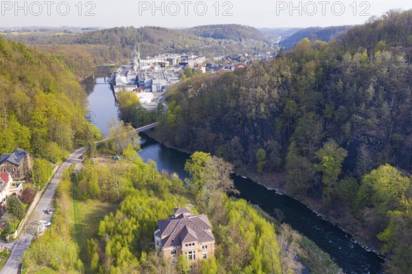 Zschopau with WEPA paper mill in Kriebethal, Kriebstein, Saxony, Germany, Europe