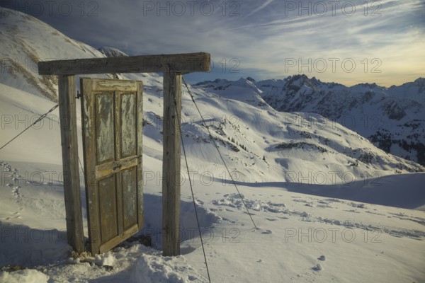 Porta Alpinae at the Zeigersattel, part of the art action Oeffne die Tuer fuer eine andere Welt, Nebelhorn near Oberstdorf, Allgaeuer Alpen, Allgaeu, Bavaria, Germany, Europe