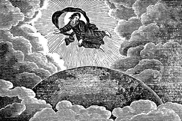 The creation of the world, creation story, God in heaven hovers over the earth, rays of light, clouds, Genesis, woodcut, globe, Christoph Schmid's Biblical History 1831
