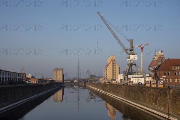Quiet harbour view with cranes and water in the morning light, Science Harbour, Magdeburg, Saxony-Anhalt, Germany, Europe