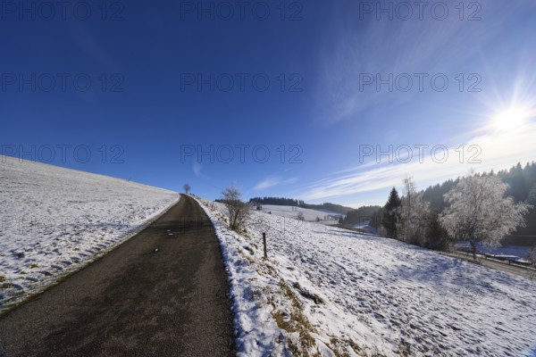Hilly winter landscape, snow, road, deep blue sky with cirrostratus clouds, Titisee-Neustadt, Black Forest, Breisgau-Hochschwarzwald district, Baden-Württemberg, Germany, Europe