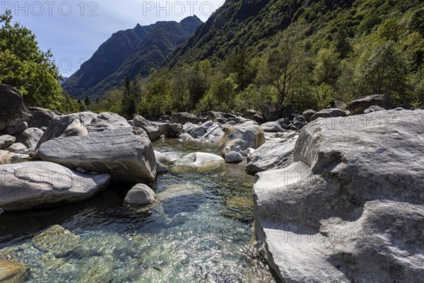 Rocks in the Verzasca River between Lavertezzo and Brione, Verzasca Valley, Valle Verzasca, Canton Ticino, Switzerland, Europe