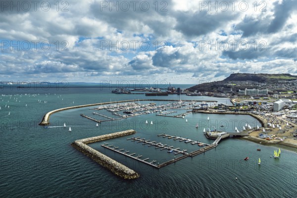 Sailboats on Portland Branch RNSA Moorings from a drone, Portland Harbour and Marina, Portland, Dorset, England, United Kingdom, Europe