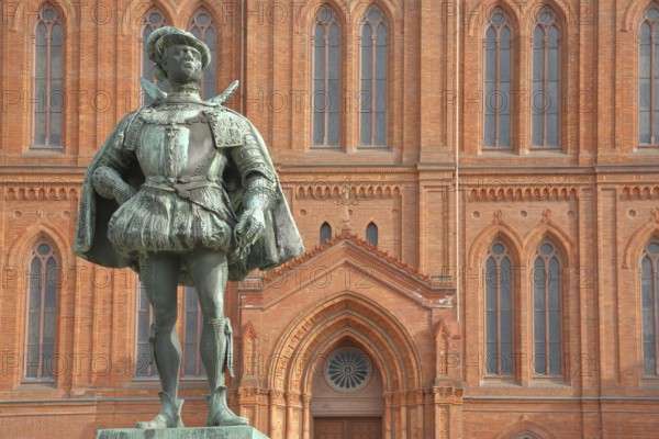 Statue of William I Prince of Orange and Count of Nassau 1533-1584 in front of the neo-Gothic market church, sculpture, monument, Nassau, city centre, Wiesbaden, Taunus, Hesse, Germany, Europe