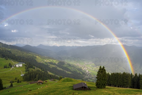 View over the Brixen Valley with rainbow, Hochbrixen, Brixen im Thale, Kitzbühel Alps, Tyrol, Austria, Europe