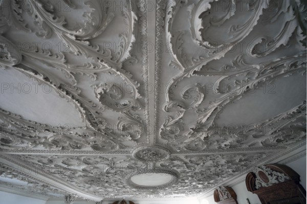 17th century stucco ceiling, in the Dominican convent of Wettenhausen, 12th century, baroqueised in the 17th century, Wettenhausen, Kammeltal, Bavaria, Germany, Europe
