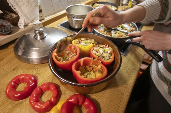Stuffed peppers with vegetables are prepared in the kitchen, Bavaria, Germany, Europe