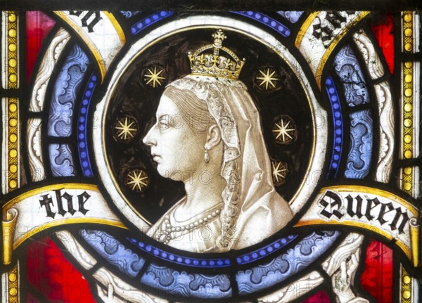 Stained glass window commemorating 60th year of reign of Queen Victoria, Boulge church, Suffolk, England, UK - Clayton and Bell 1897