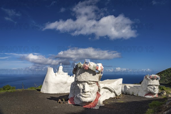 White sculpture made of scrap metal and plaster Homenaje a La Bajada near Valverde, capital of the island of El Hierro, Canary Islands, Spain, Europe