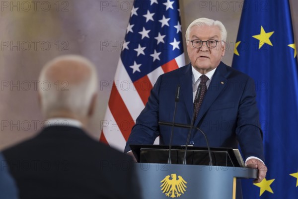 Frank-Walter Steinmeier (President of the Federal Republic of Germany) delivers a speech in front of the awarding of the special level of the Grand Cross to Joe Biden (46th President of the United States) at Bellevue Palace, Berlin, 18 October 2024