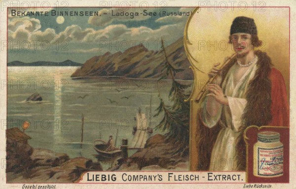 Picture series Famous inland lake with locals, Lake Ladoga in Russia, Liebig picture, digitally restored reproduction of a collector's picture from around 1900, public domain, exact date unknown, A man with a flute in front of an atmospherically illuminated landscape at Lake Ladoga
