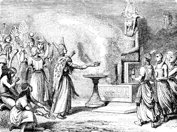 Rite of sacrifice of the priests in Egypt, beginners of human society, ceremony in honour of the deity, worship, fire with offering, throne, cult, historical illustration 1880