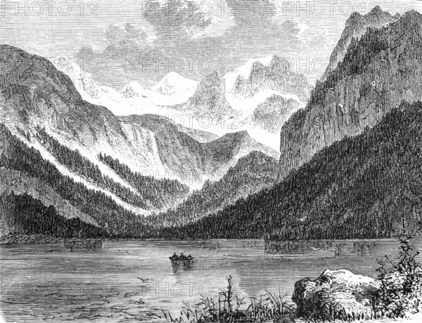 Rowing boat on Lake Gosau in a snow-covered mountain landscape, narrow valley, forest landscape, idyllic nature, Salzkammergut, Austria, historical illustration 1882, Europe