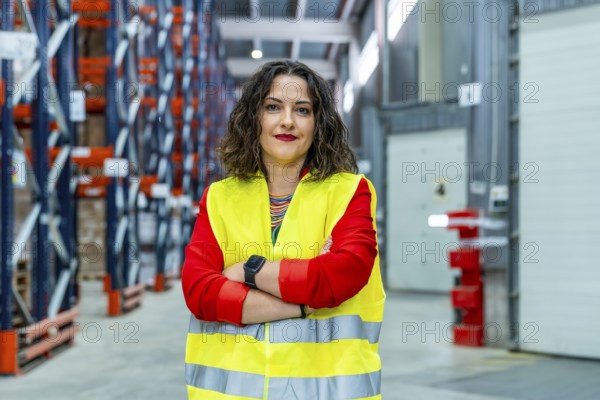 Portrait of a female worker in a distribution warehouse wearing safety waistcoat looking proud standing with arms crossed