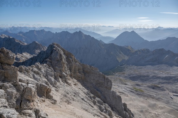 View from the Zugspitze, Wetterstein range, Upper Bavaria, Bavaria, Germany, Europe