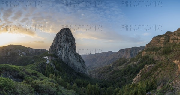 Roque de Agando rock tower at sunrise, Monumento Natural de los Roques, La Gomera, Canary Islands, Spain, Europe
