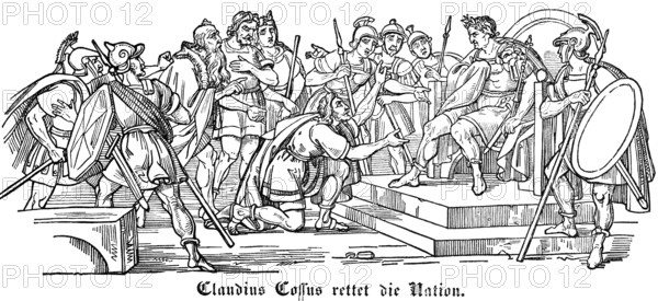 Caludius Cossus saves the nation in 1673, as a Helvetian envoy he asks the leader of the Vitellian army Alienus Caecina for mercy for his tribe, Helvetia, soldiers with shield and weapons, gratitude, woodcut illustration, Swiss calendar for 1848