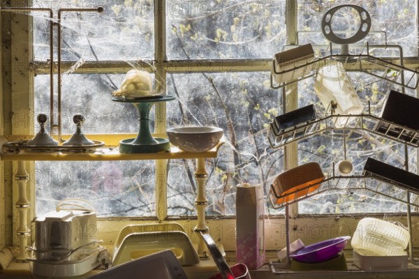 Assorted curios for sale on shelves in front of window inside second hand goods and chattels store, Quebec, Canada, North America