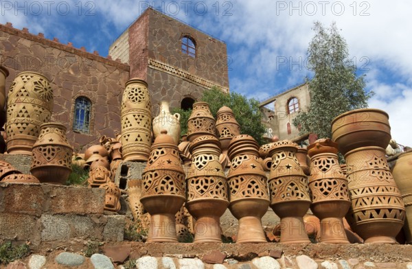 Morocco, clay jugs in front of a hotel, pottery, potteries, Africa