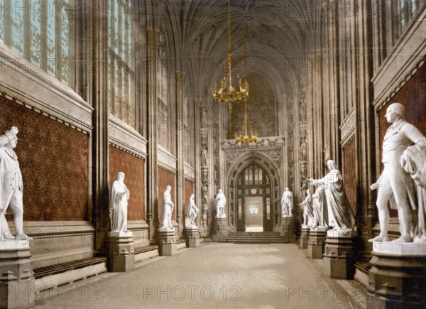 St Stephen's Hall, interior, Houses of Parliament, Palace of Westminster, Palace of Westminster, seat of the British Parliament in London, ca 1895, England, Historical, digitally restored reproduction from a 19th century original, St Stephen's Hall, seat of the British Parliament in London, Historical, digitally restored reproduction from a 19th century original