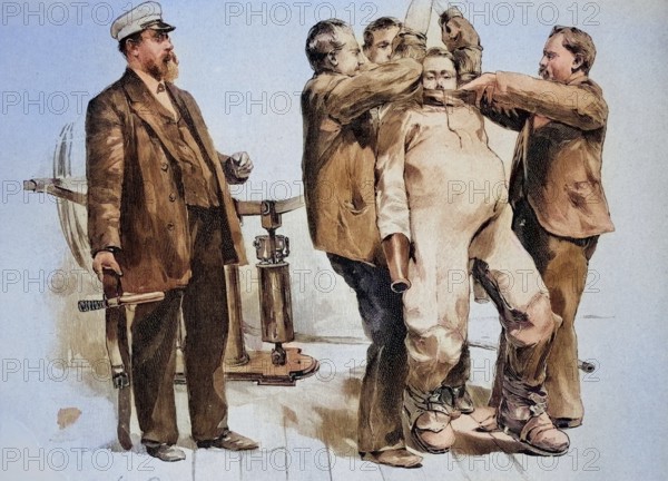 Dressing of a diver in 1885, England, Historic, digitally restored reproduction of a 19th century original, exact original date unknown