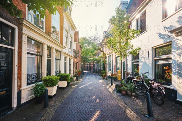Street with old houses and parked bicycles in Haarlem, Netherlands