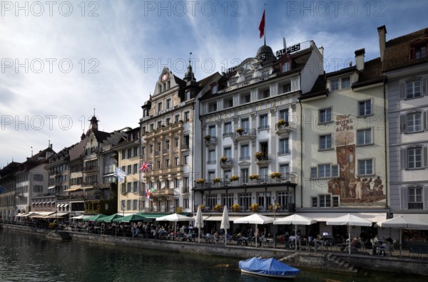 View from the Chapel Bridge onto the hotel promenade, Hotel des Alpes, Old Town, Lucerne, Switzerland, Europe