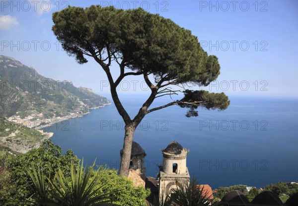View from Villa Rufolo of the Gulf of Salerno and the towers of the Church of Chiese dell Annunziata, Campania, Italy, Europe