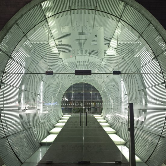 Illuminated, tubular entrance to the EnergieForum Berlin, Friedrichshain, Berlin, Germany, Europe