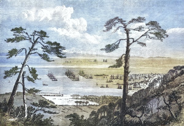 The port of Hiogo with the English and American fleets, at anchor, 1869, Japan, Historic, digitally restored reproduction of a 19th century original, exact original date not known, Asia