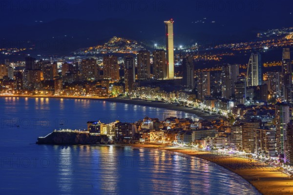 View over Benidorm and the Playa Levante, blue hour, Benidorm, Costa Blanca, Valencia country, Spain, Europe