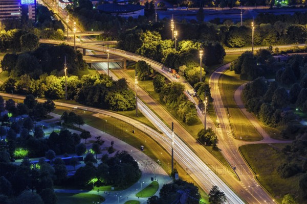 Elevated view of German autobahn road at night. Munich, Bavaria, Germany, Europe